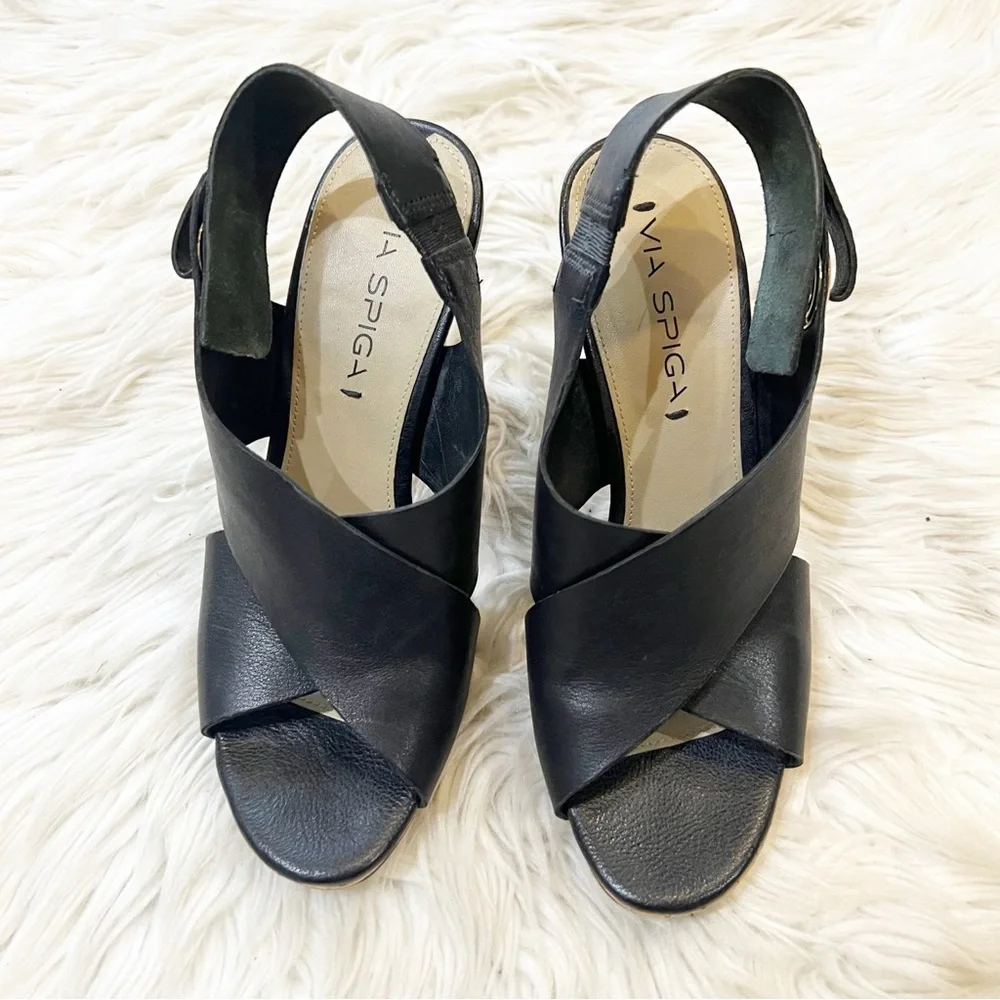 Via Spiga Black Leather Open Toe Cork Heel Onitta Sandals Women’s Size 6.5 - Picture 3 of 10